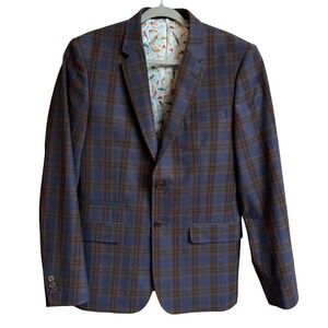 Ted Baker Tight Lines Blazer 38R Blue Brown Plaid Windowpane Preppy Sport Coat
